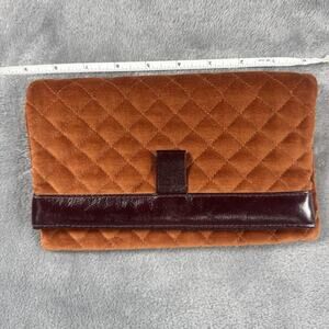 Vintage Quilted Velvet Clutch Purse Burnt Orange, Burgandy Leather 60's -70's